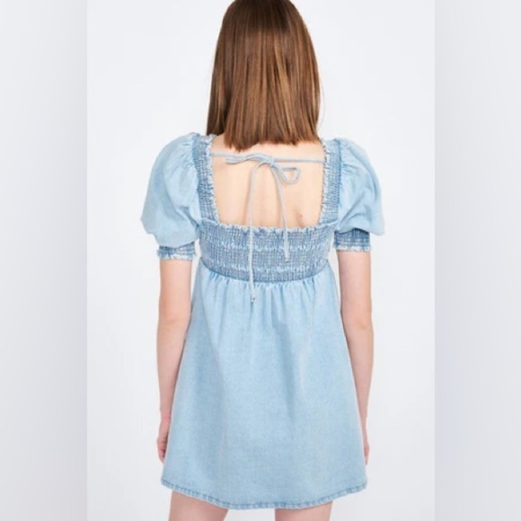 Altar’s State Denim Puff Sleeves Smocked Babydoll Mini Dress Size M - Picture 3 of 13